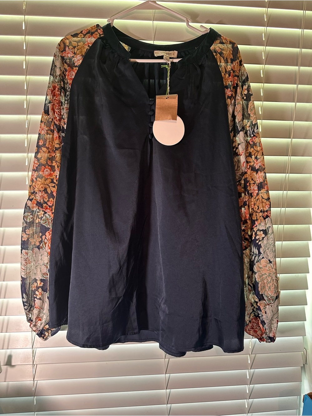 Umgee Navy Top with Floral Sheer Sleeves